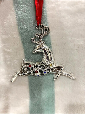 Lenox Holiday Gems Reindeer Ornament Silver & Red